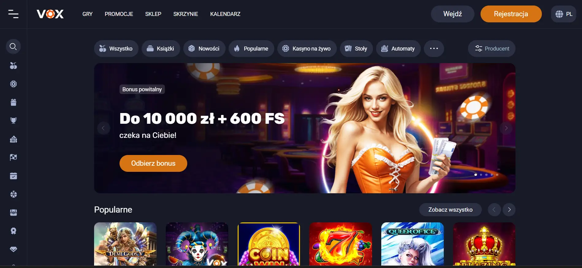Krok 1 rejestracja vox casino na stronie głównej.