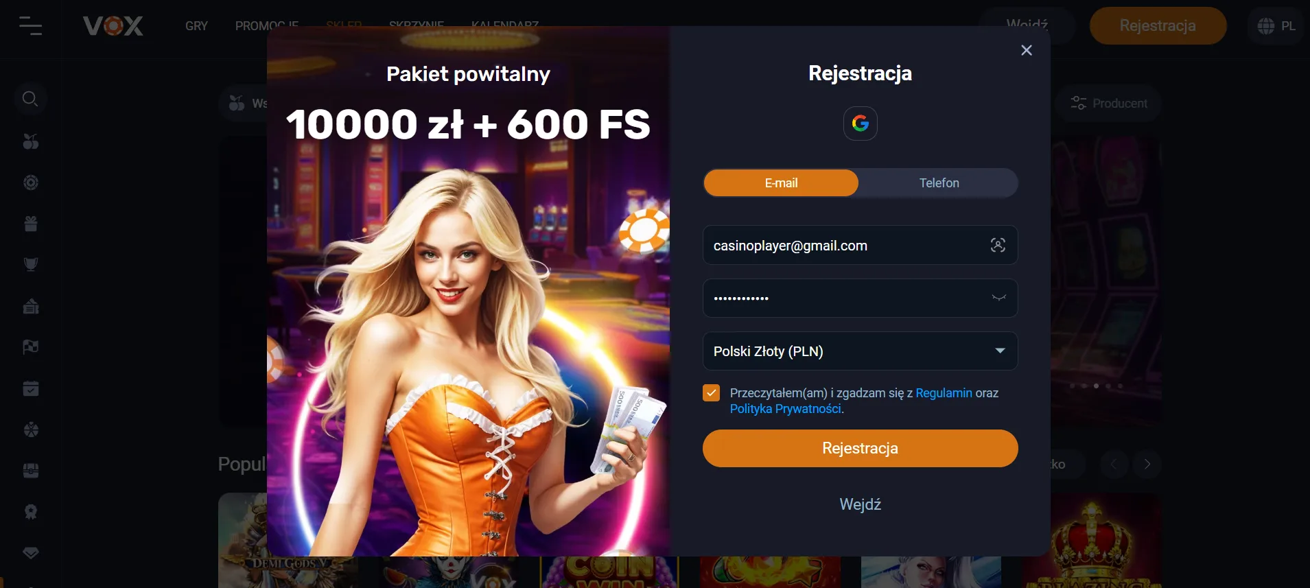 Krok 2 formularz rejestracyjny vox casino.