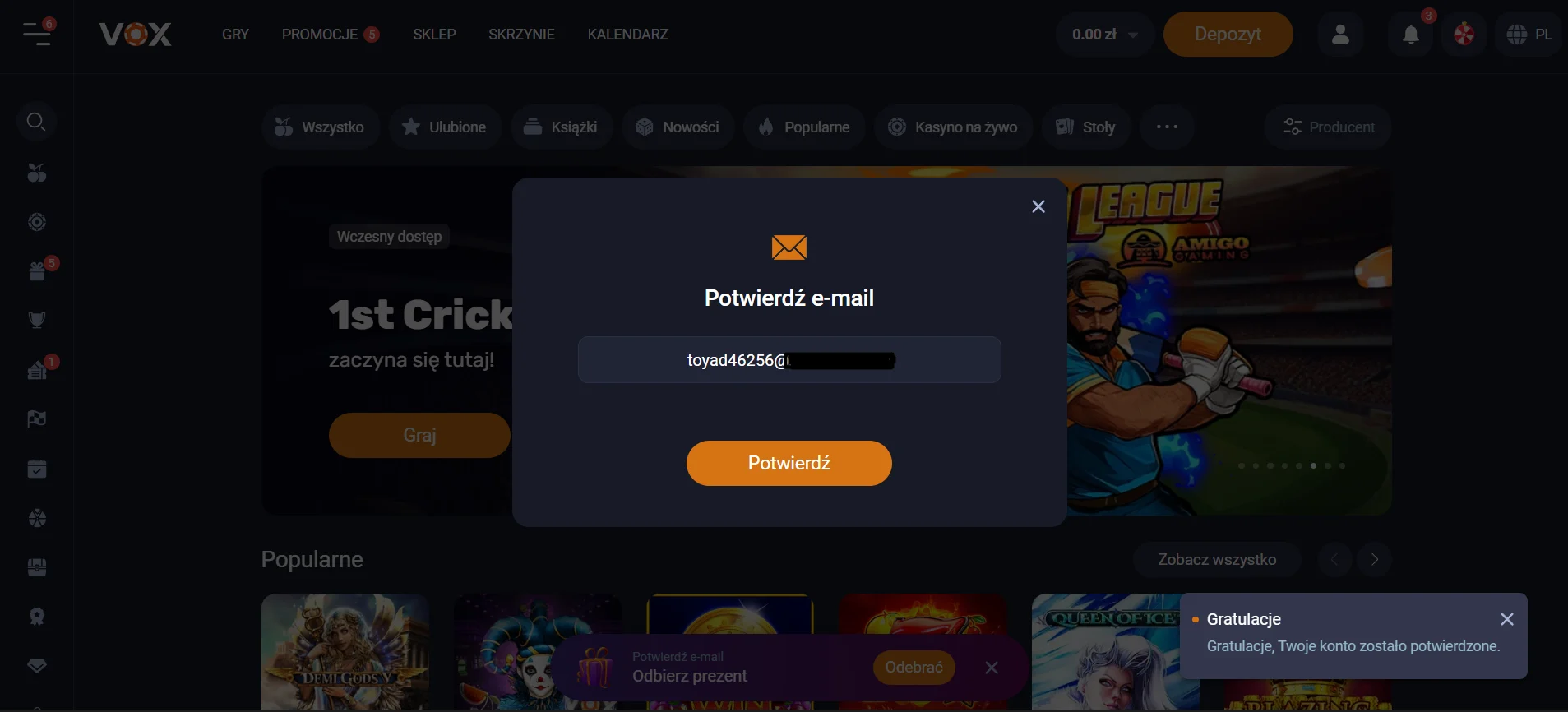 Krok 3 potwierdzenie adresu email vox casino.